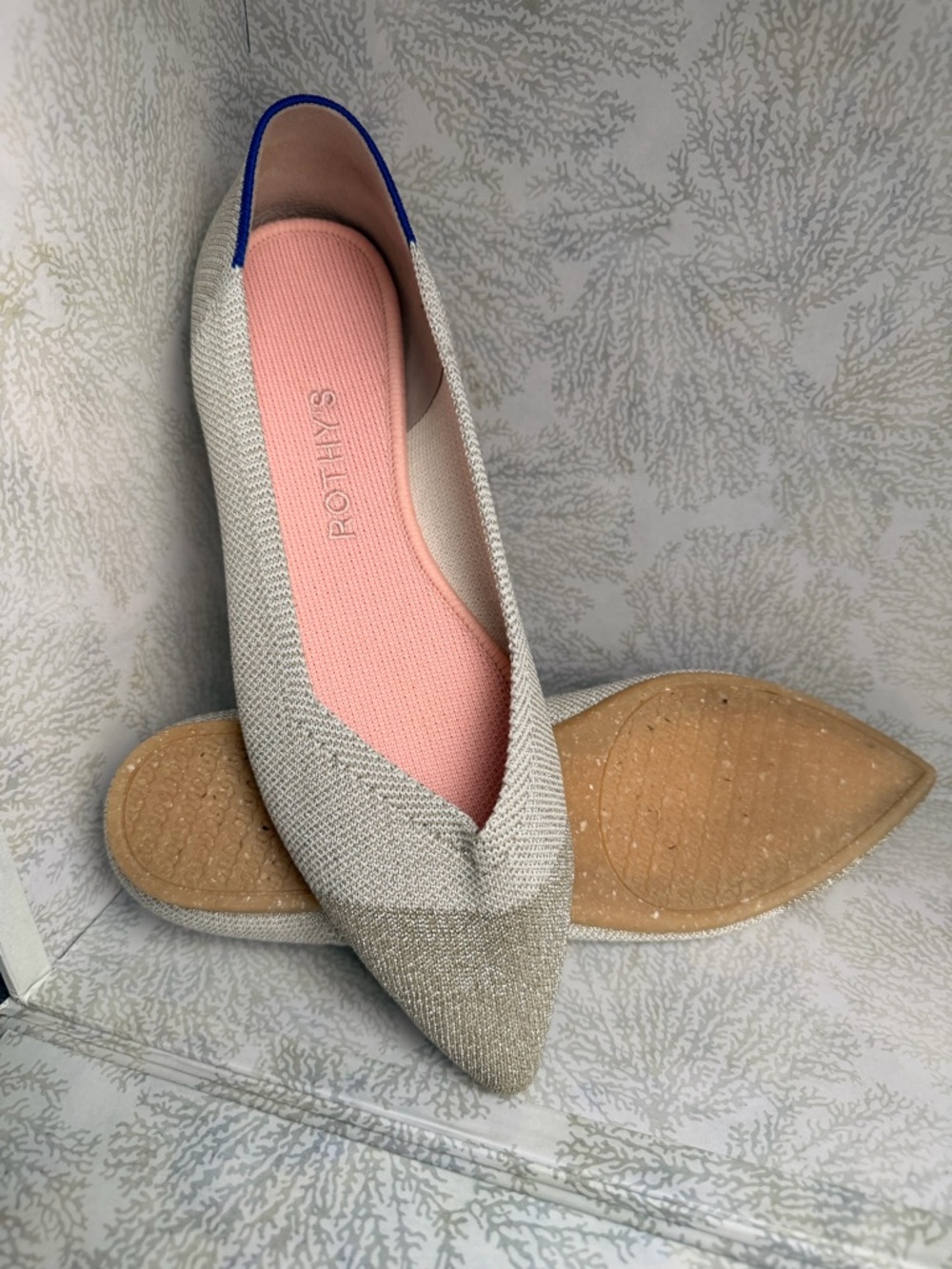 Rothy's Pointed Knit Flat in Stone with Pink Insole and Blue Heel Trim